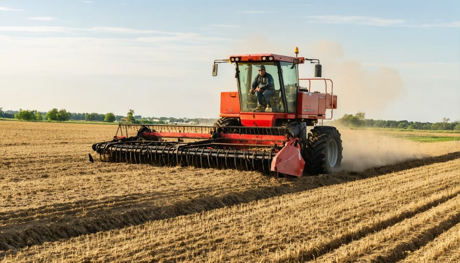 Modern no-till seeder working through crop residue in an Alberta farm field