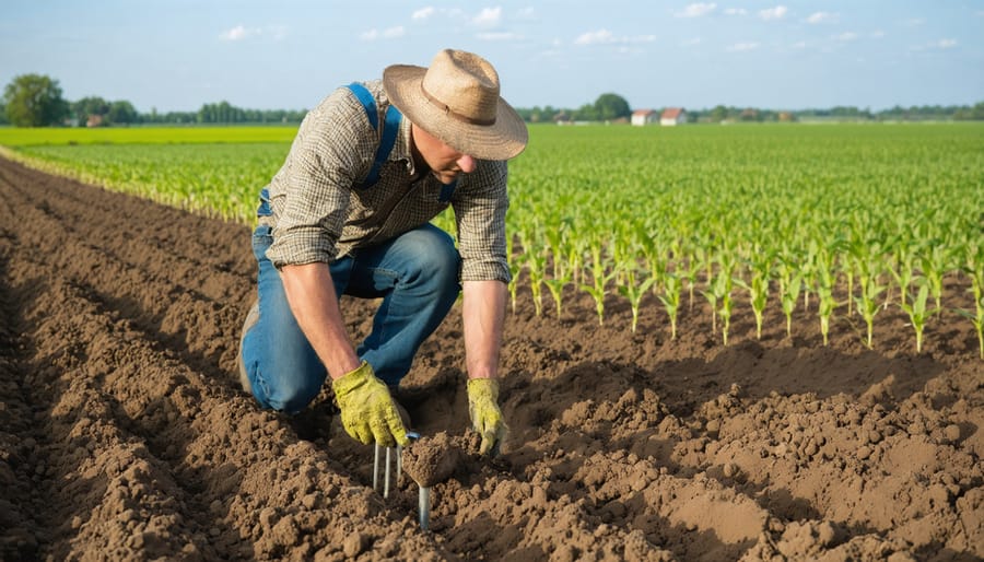 Alberta farmer conducting soil health assessment in no-till field