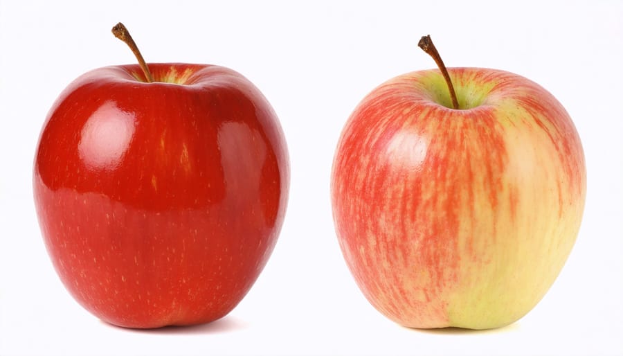 Comparison of perfectly uniform conventional apples next to naturally varied organic apples