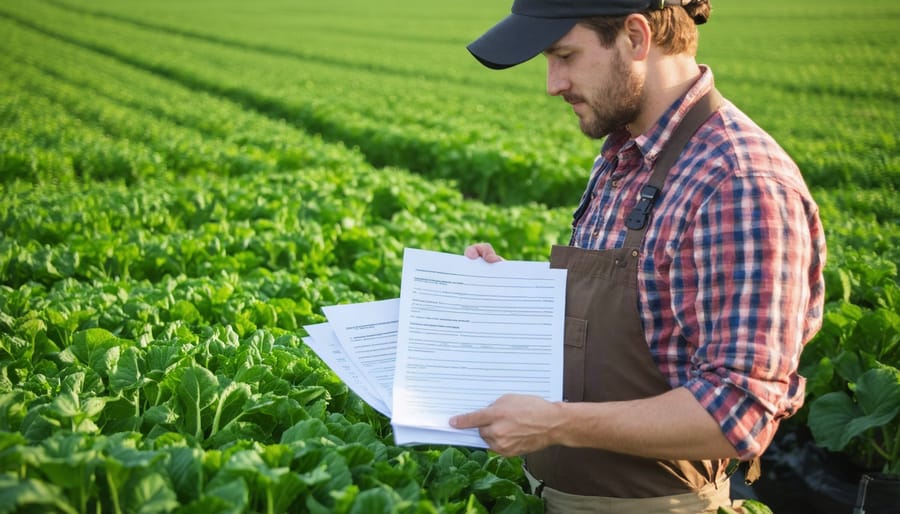 Farmer reviewing organic certification documents while standing in a wheat field