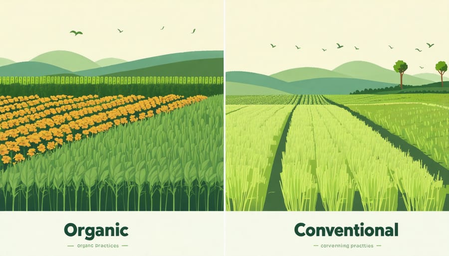 Split image showing organic farming methods on one side and conventional farming practices on the other