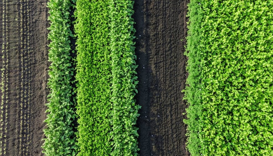 Aerial photograph of Alberta organic farm fields with multicolored cover crops and healthy soil