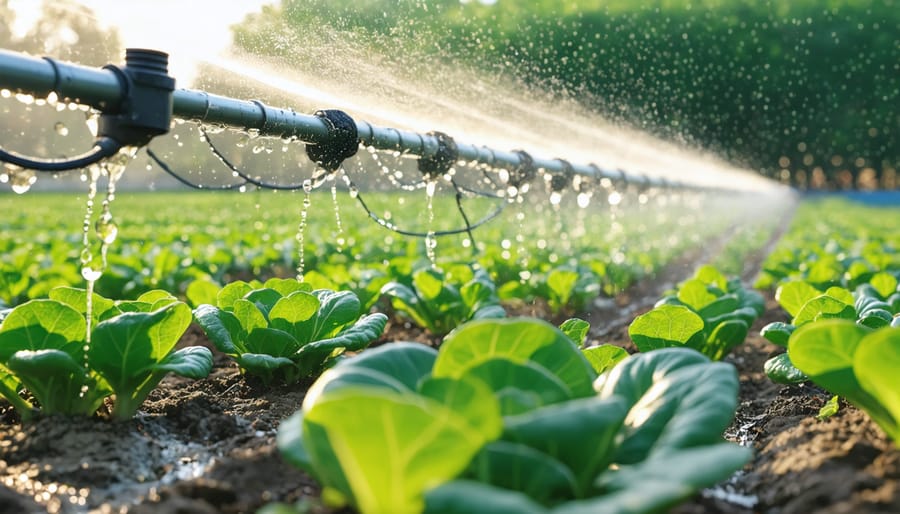 Close-up of drip irrigation lines delivering water to organic crops in Alberta