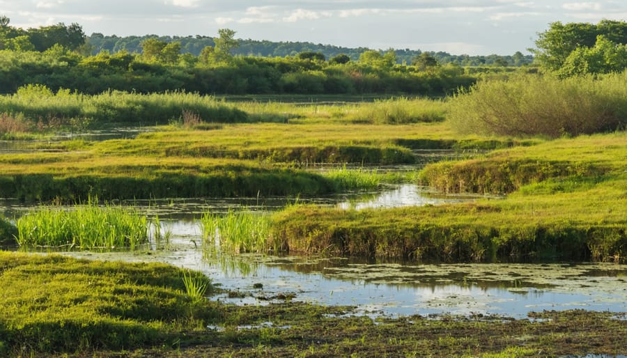 Wetland area on organic farm showing natural water filtration system with native plants