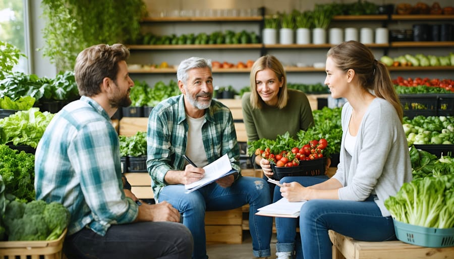 Diverse group of Canadian organic farmers engaged in discussion at an association meeting