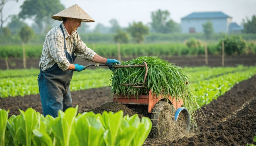 Canadian farmer applying organic 20-20-20 fertilizer to vegetable crops using proper techniques