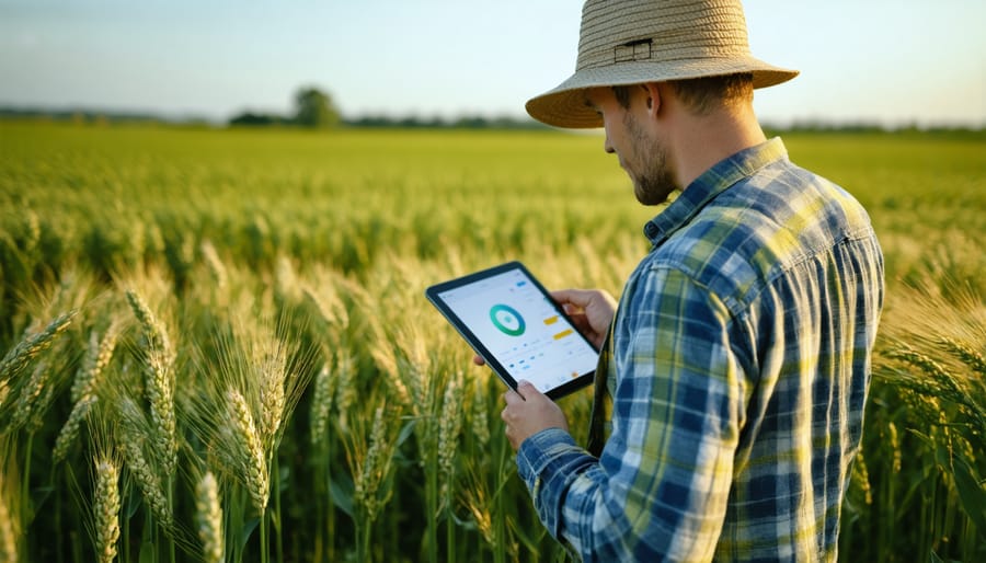 Agricultural professional reviewing precision farming data on tablet while standing in organic wheat field