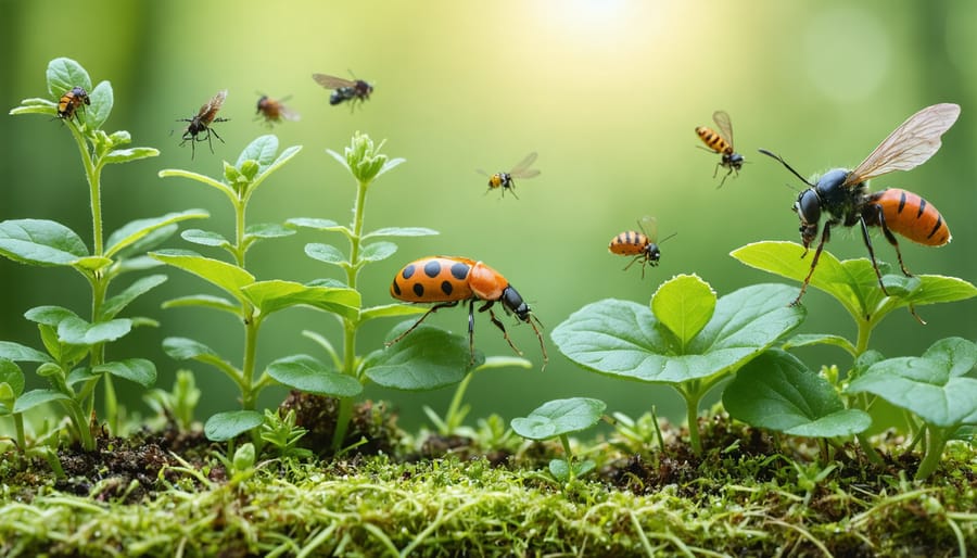 Close-up view of organic pest management methods featuring ladybugs and companion plants