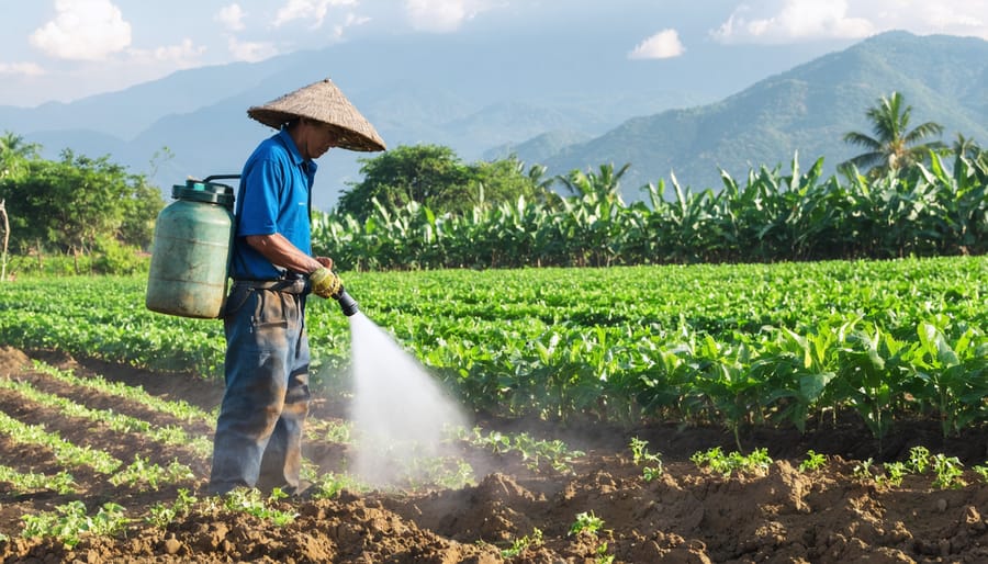 Alberta farmer applying organic pesticide to vegetable crops in sustainable farming practice