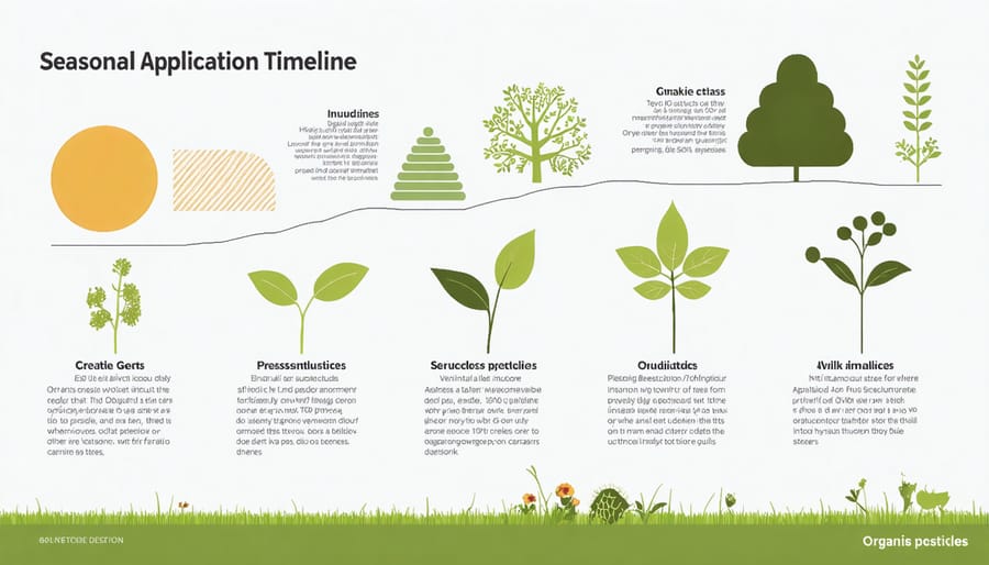 Step-by-step visual guide showing when to apply different organic pesticides throughout Alberta's growing season