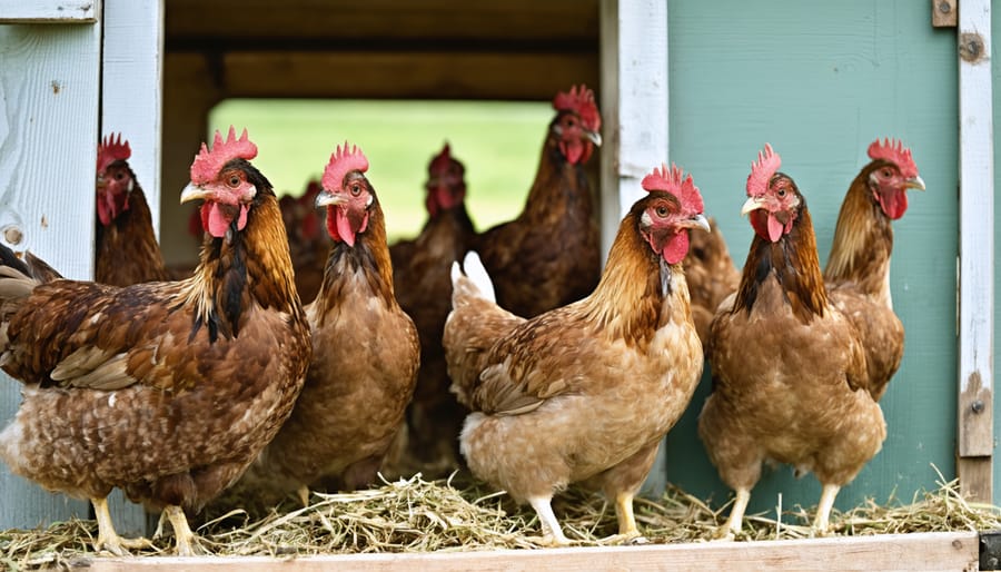 Organic chickens foraging in pasture with mobile housing structure