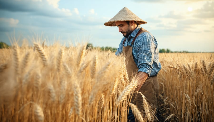 Organic farmer in field inspecting wheat heads during the certification transition period