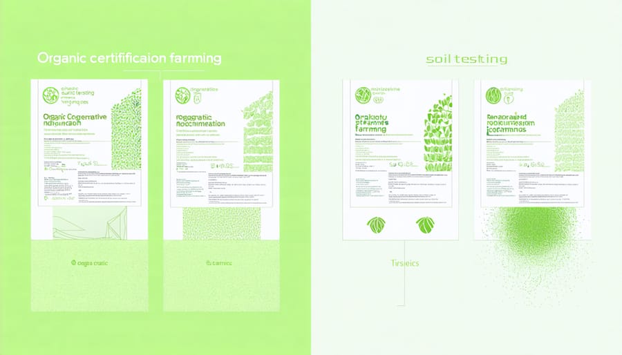 Side-by-side comparison of organic certification paperwork and soil health assessment in regenerative farming