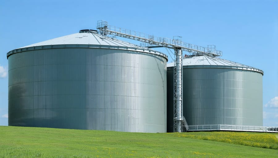 Multiple large rainwater storage tanks connected to farm irrigation system