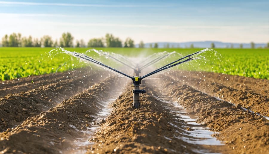 Close-up view of precision drip irrigation equipment watering crops in a field