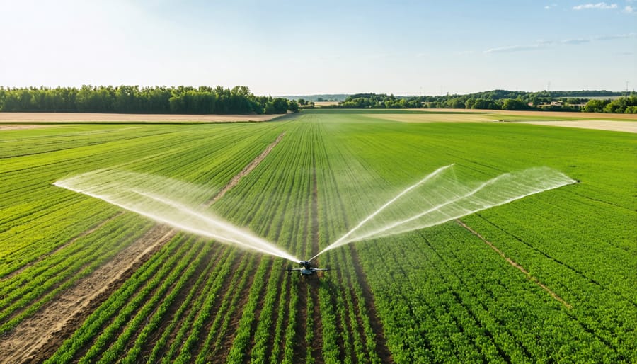 Aerial view of agricultural field showing modern precision irrigation system in action