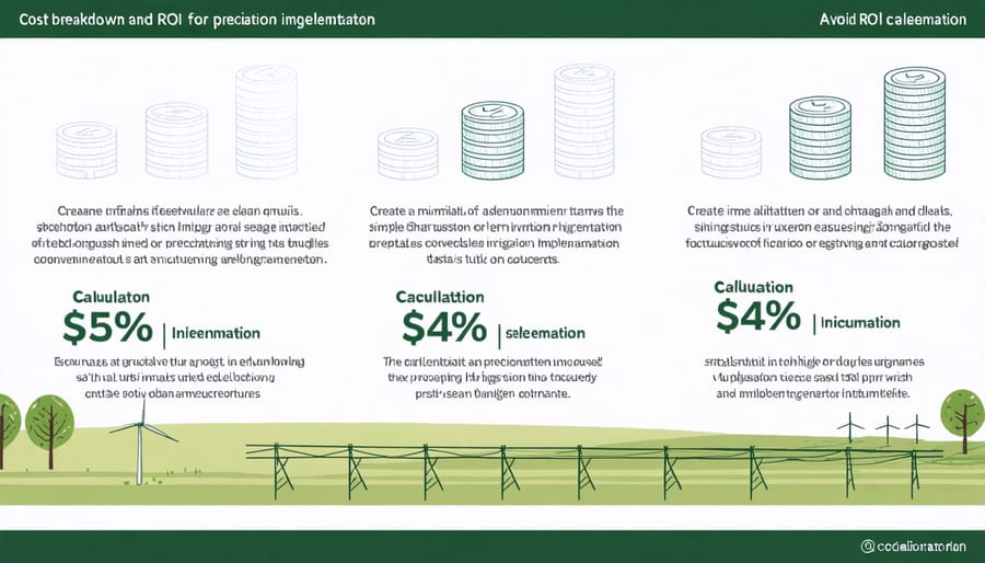 Visual representation of precision irrigation costs and benefits including equipment, installation, and projected savings