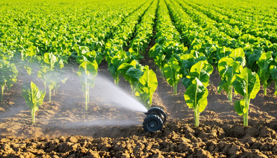 Automated pivot irrigation system with precision sprinklers operating over a drought-resistant wheat field