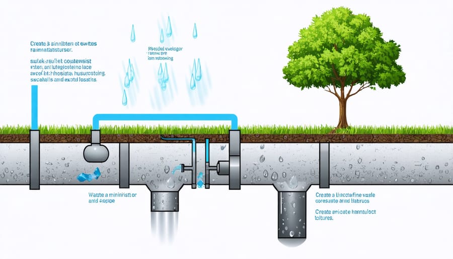 Cross-section illustration of farm building rainwater collection system with labeled components