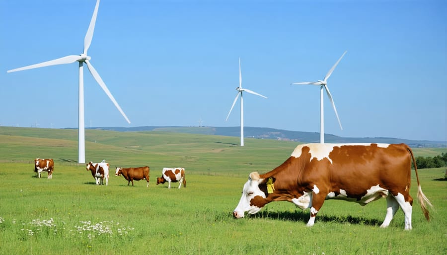 Wind turbines and cattle coexisting on an Alberta ranch during sunset