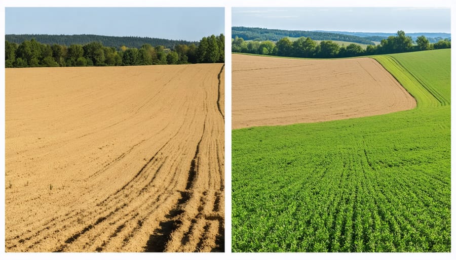 Split image showing crop field before and after using 5-5-5 organic fertilizer