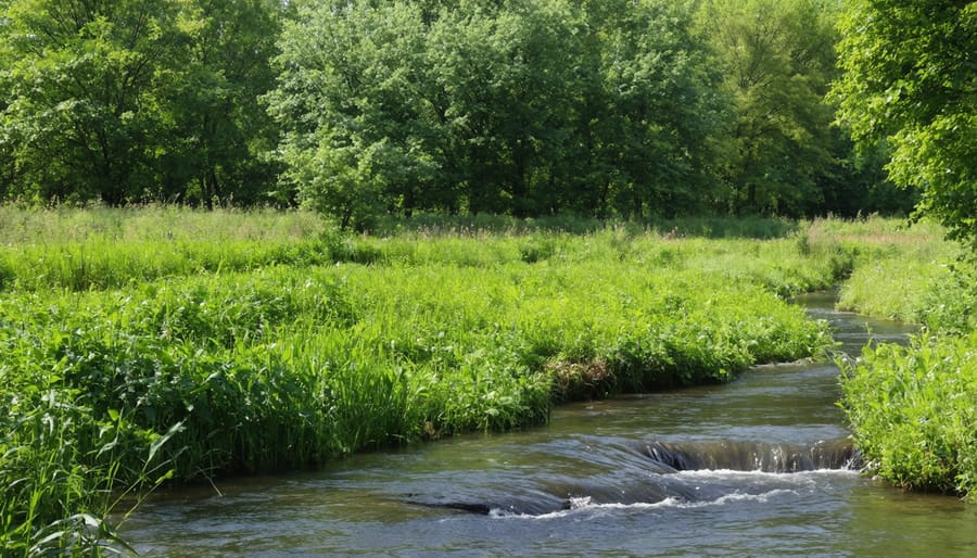 Natural vegetation buffer zone protecting a stream from adjacent farmland in Alberta