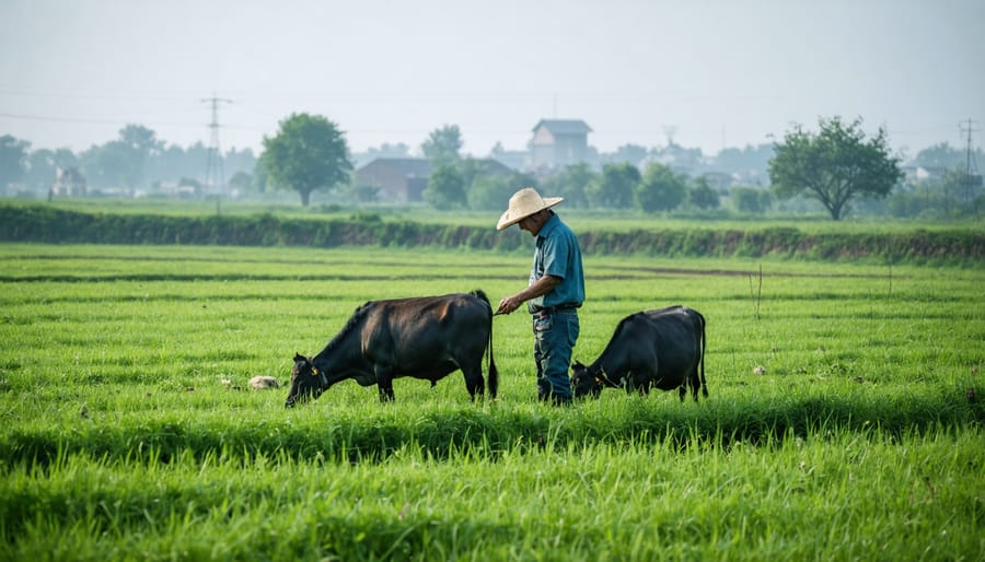 Cattle grazing in managed pasture with visible grass recovery zones