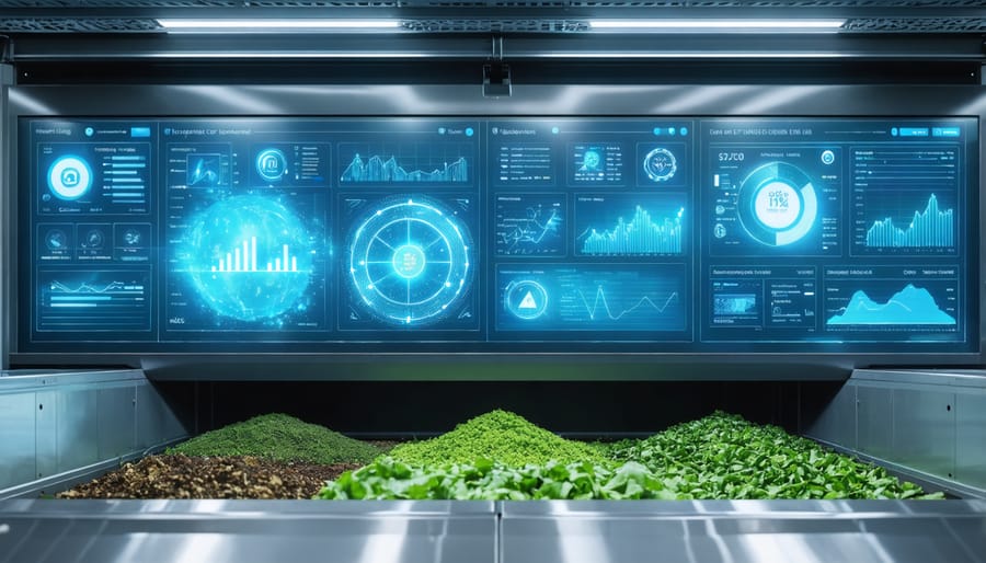 Smart composting system with digital monitoring screens showing real-time decomposition data