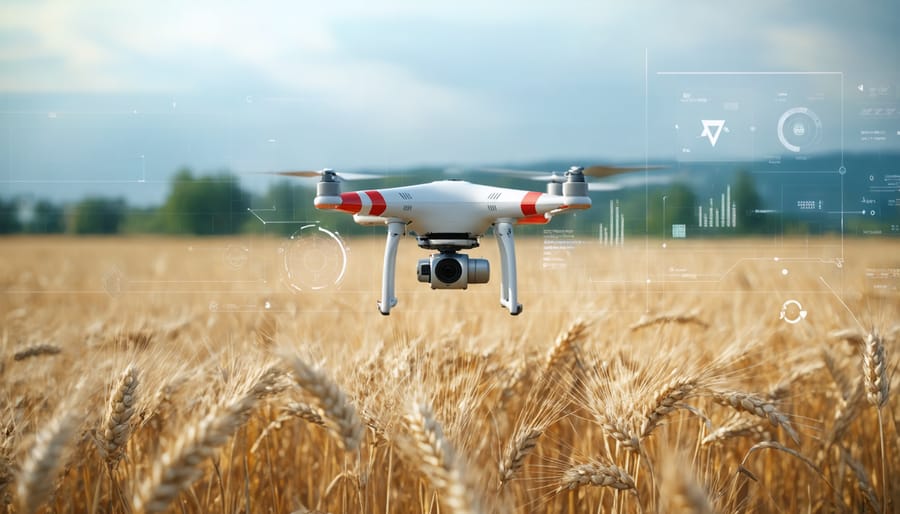 Agricultural drone collecting data over a wheat field with visible data metrics and field mapping