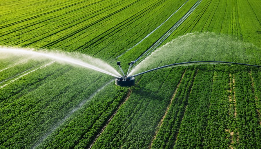 Overhead view of modern irrigation systems operating in agricultural fields