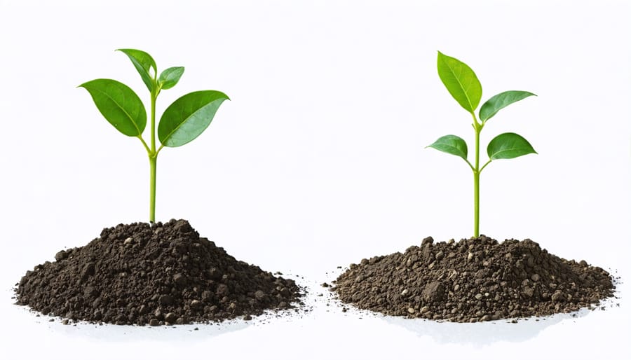 Side-by-side comparison of dark, rich carbon-sequestered soil next to lighter, depleted soil