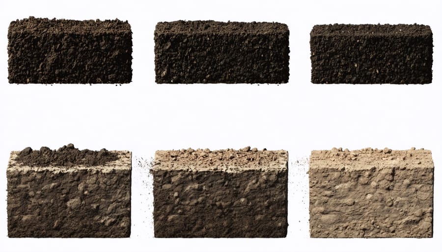 Side-by-side comparison of dark, carbon-rich soil and lighter, carbon-depleted soil samples