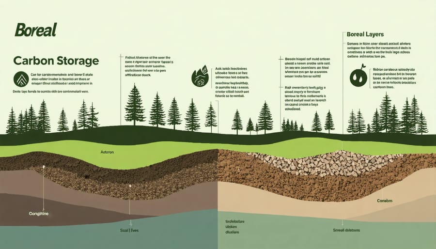 Cross-section diagram of boreal forest soil layers showing carbon storage mechanisms