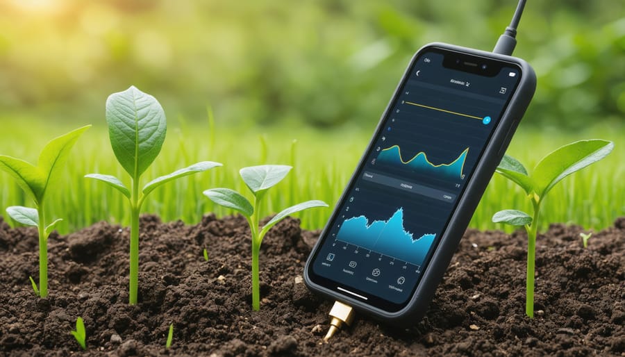 Farmer checking soil moisture levels using digital sensors and mobile app