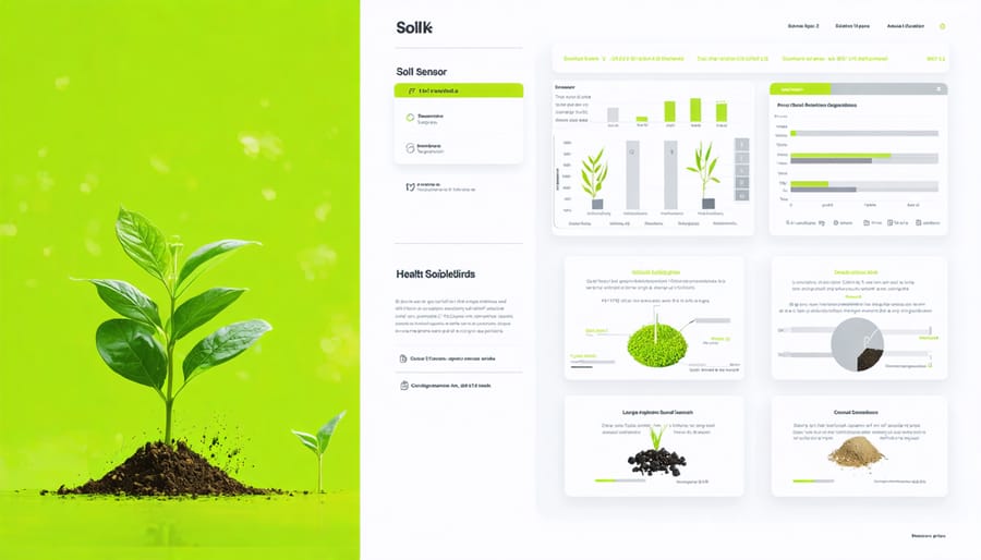 Digital soil monitoring system showing underground sensors and real-time soil health metrics