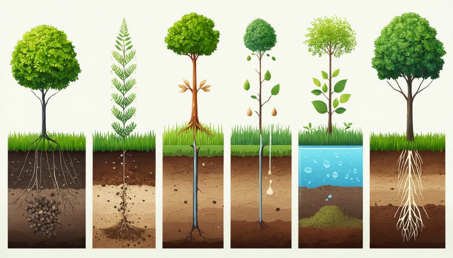 Illustrated soil structure diagram comparing clay, silt, and sandy soils with water retention properties