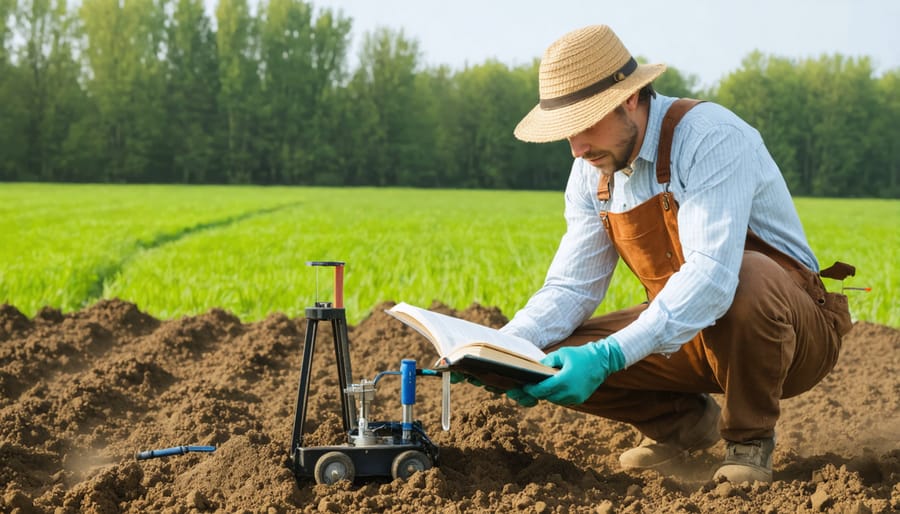 Organic farmer conducting digital soil analysis while consulting reference book