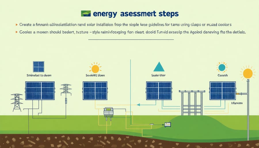 Step-by-step diagram of farm solar assessment process and key system components