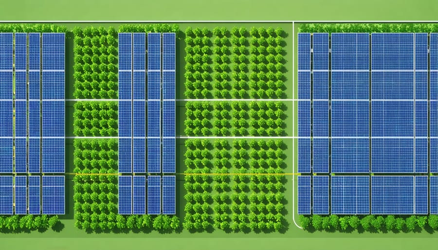 Illustrated diagram of solar panel configuration and measurements for agricultural integration