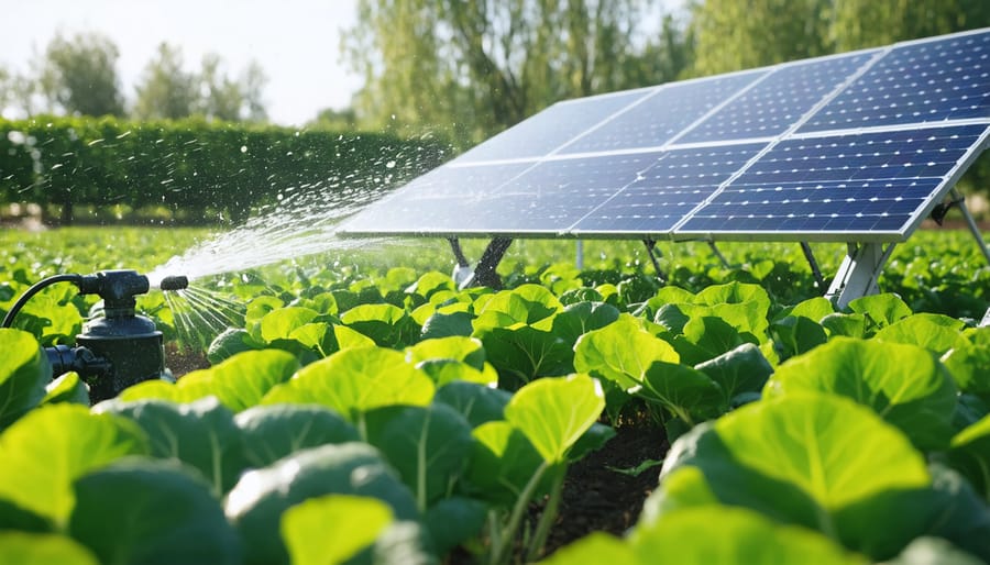 Working solar irrigation system with visible solar panels powering water delivery to organic crops