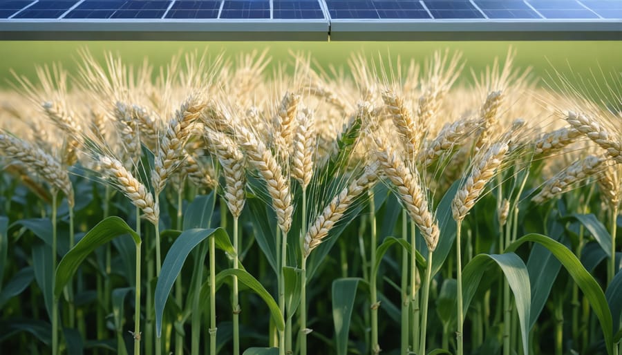 Wheat crops thriving under the partial shade of elevated solar panels