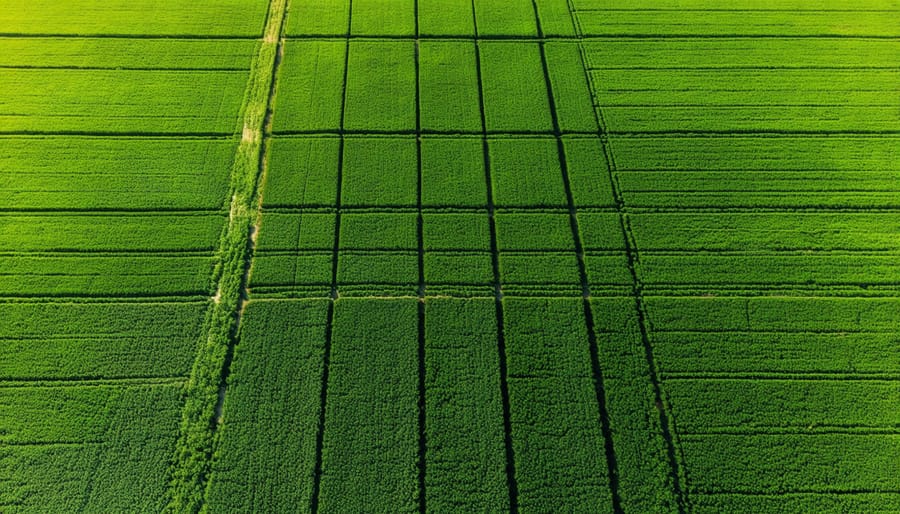 Drone shot of diversified farm fields showcasing different climate-resistant crops