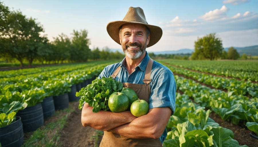 Smiling Alberta organic farmer standing in front of their thriving organic crops