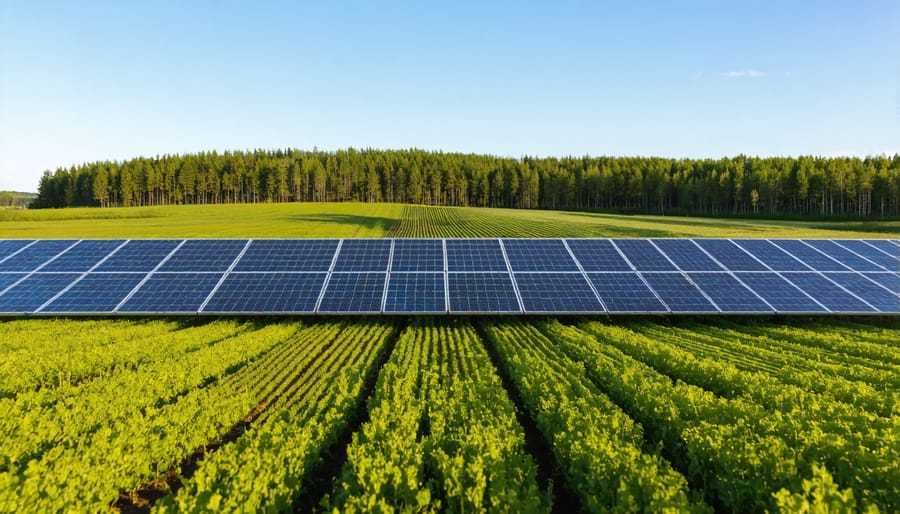 Aerial view of a Canadian farm showcasing multiple sustainable agriculture methods