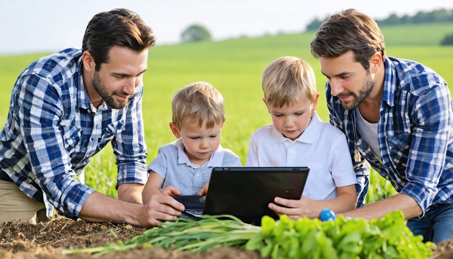 Family farmers gathered around digital devices reviewing farm management software together