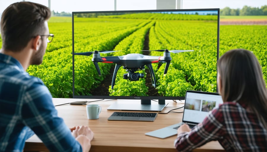 Multi-generational farming family analyzing drone imagery of their organic fields