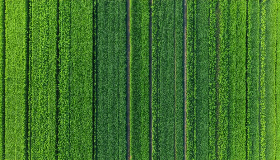 Aerial photograph of small organic farm with diverse crop sections and field layouts