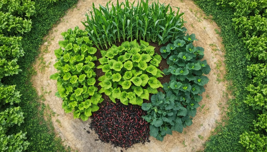 Aerial photograph of a Three Sisters garden demonstrating traditional Indigenous companion planting with corn stalks supporting climbing beans and squash spreading below