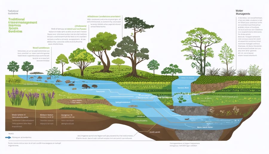 Illustrated cross-section of Indigenous water management techniques showing water flow through natural and managed landscapes