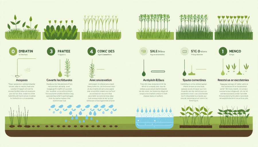 Illustrated diagram of drip irrigation, sprinkler systems, and water-saving farming practices